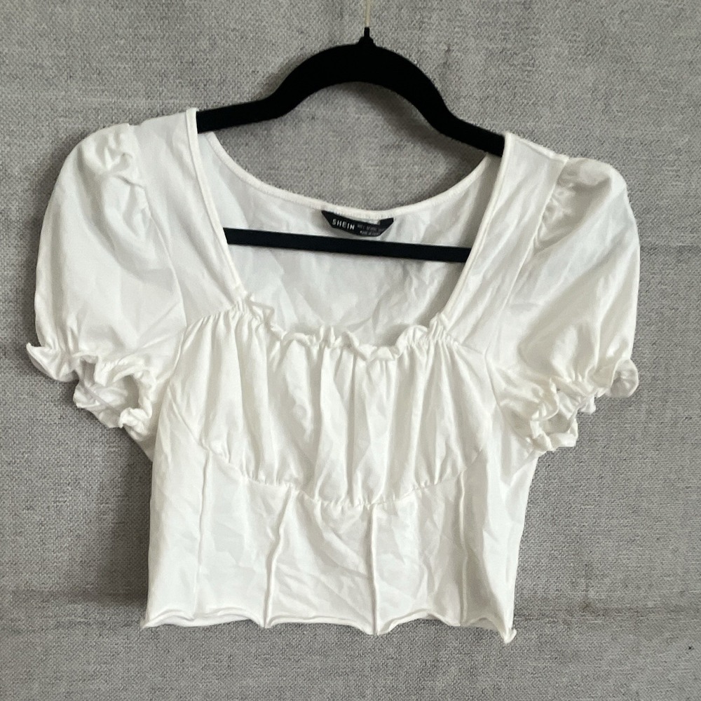 SHEIN White Solid Square Neck Puff Sleeve Cropped Woven Blouse L